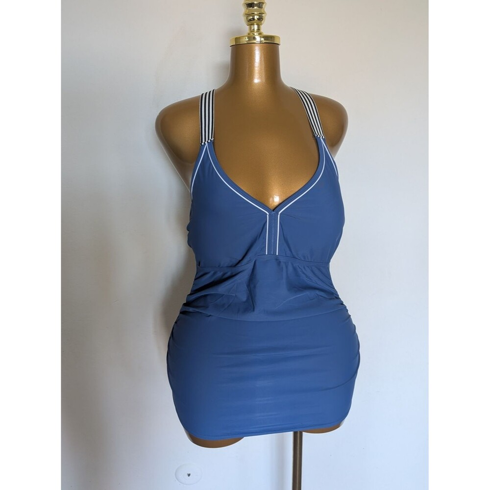 Summer Mae Blue Tankini Swimdress Ruched Tummy Control Striped Straps Size 12